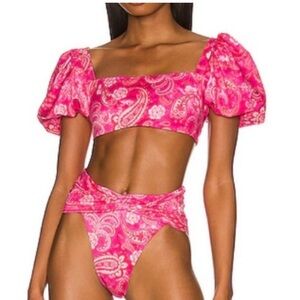 Revolve Pink Paisley Puff Sleeve Bikini Set